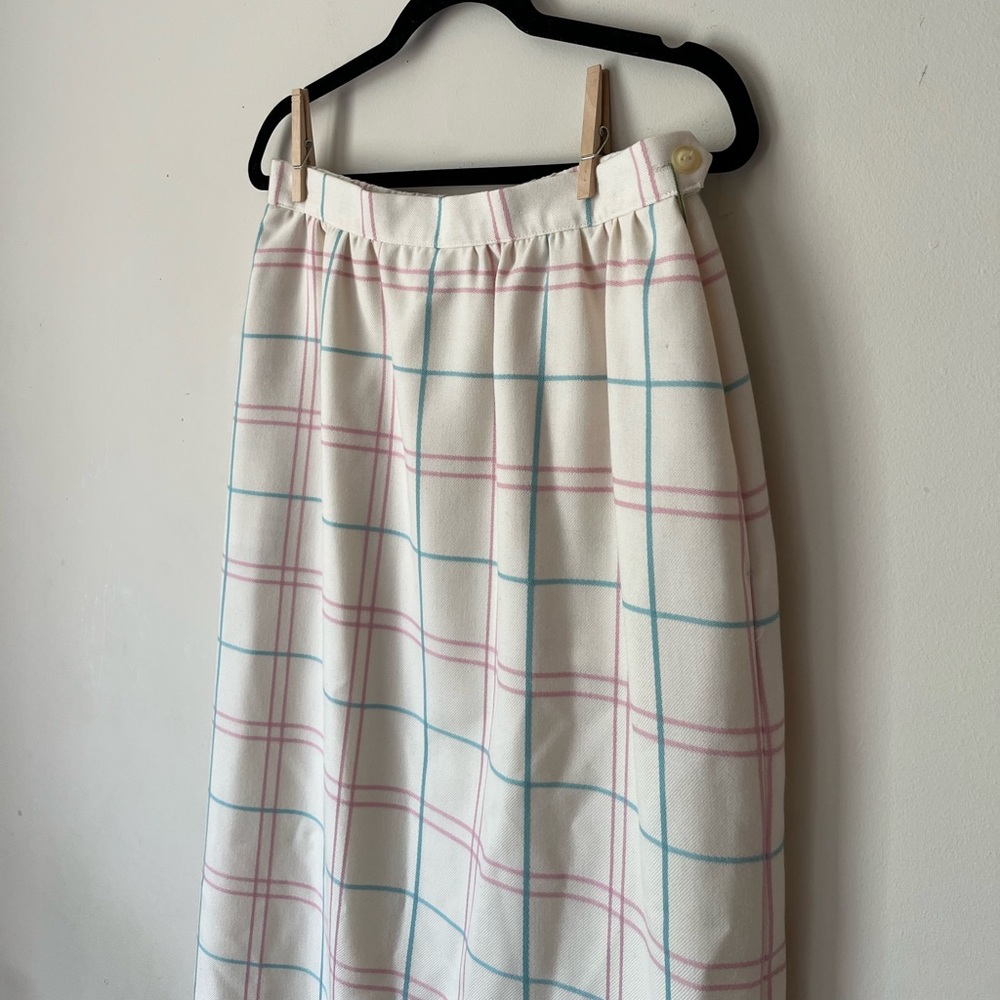 *SOLD* Vintage made in the USA off white blue and pink plaid wrap skirt